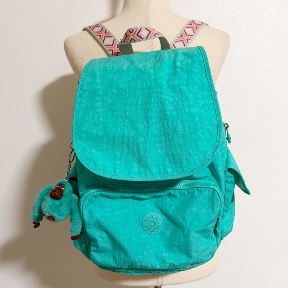 Kipling Ravier City Backpack Aztec Strap Breezy Turquoise with Gorilla Charm